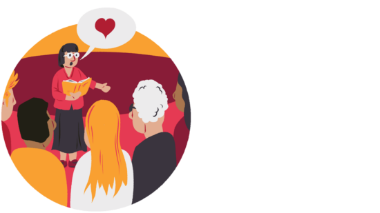 An illustration of a group of people listening to another person talk about social housing.