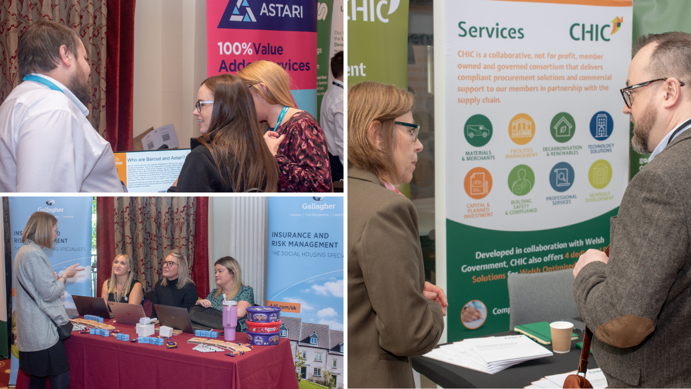 A collage of images depicting the exhibition stands of four of our commercial partners at a recent conference