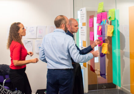 Alcemi participants adding post-it notes to wall during innovation steering session