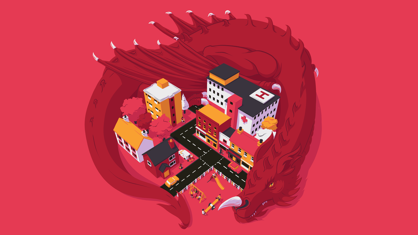 An illustration shows a Welsh dragon protecting a small village