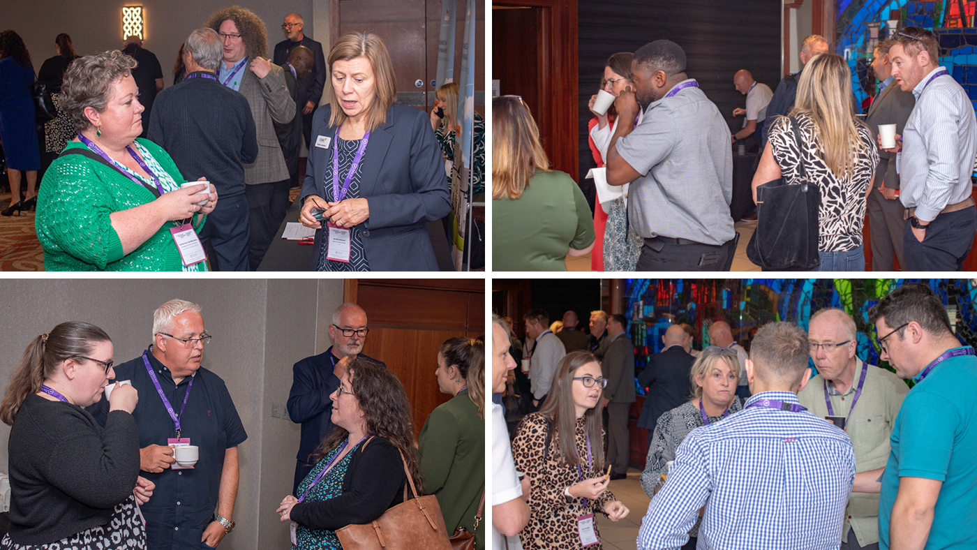 Guests speaking in groups during a break at the One Big conference.