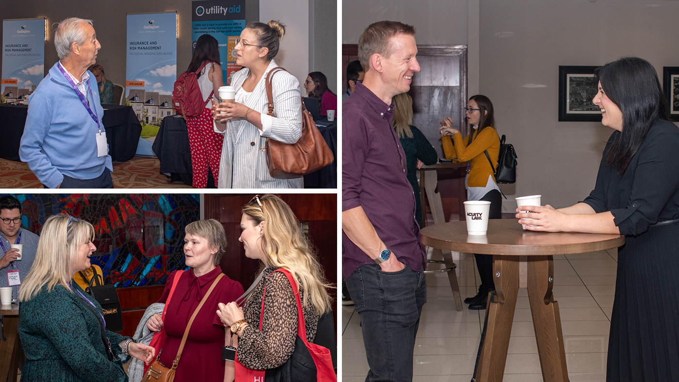 Guests speaking in groups during a break at the One Big conference.
